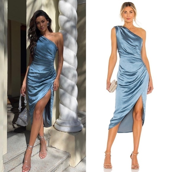 *NWT ELLIATT 70s Satin Sleeveless 1 Shoulder Ruched Faux Wrap Asymmetric Dress M - Picture 15 of 16